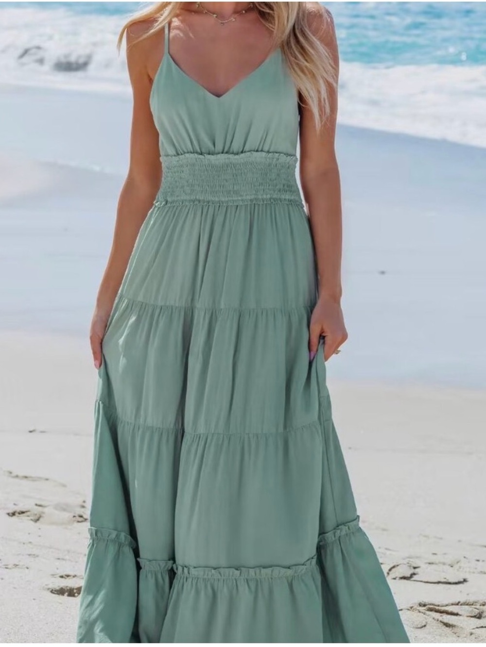 Sage Green Maxi Dress with Smocked Waist - Picture 2 of 6